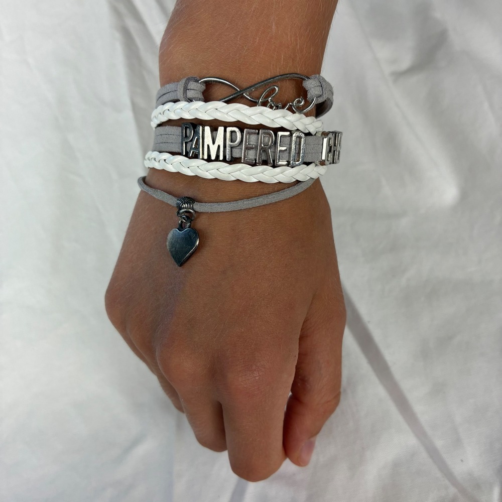 Pampered Chef Grey White Multi Strand Wrap Bracelet Infinity Love Heart Charm